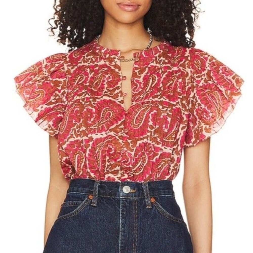 Cleobella Calla Ruffle Paisley Blouse Top Organic Cotton Pink Brown Women Size S